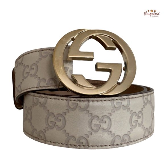 Authentic Gucci Cream Guccissima Leather Gold Interlocking G Buckle Belt 85/34 - Picture 1 of 12